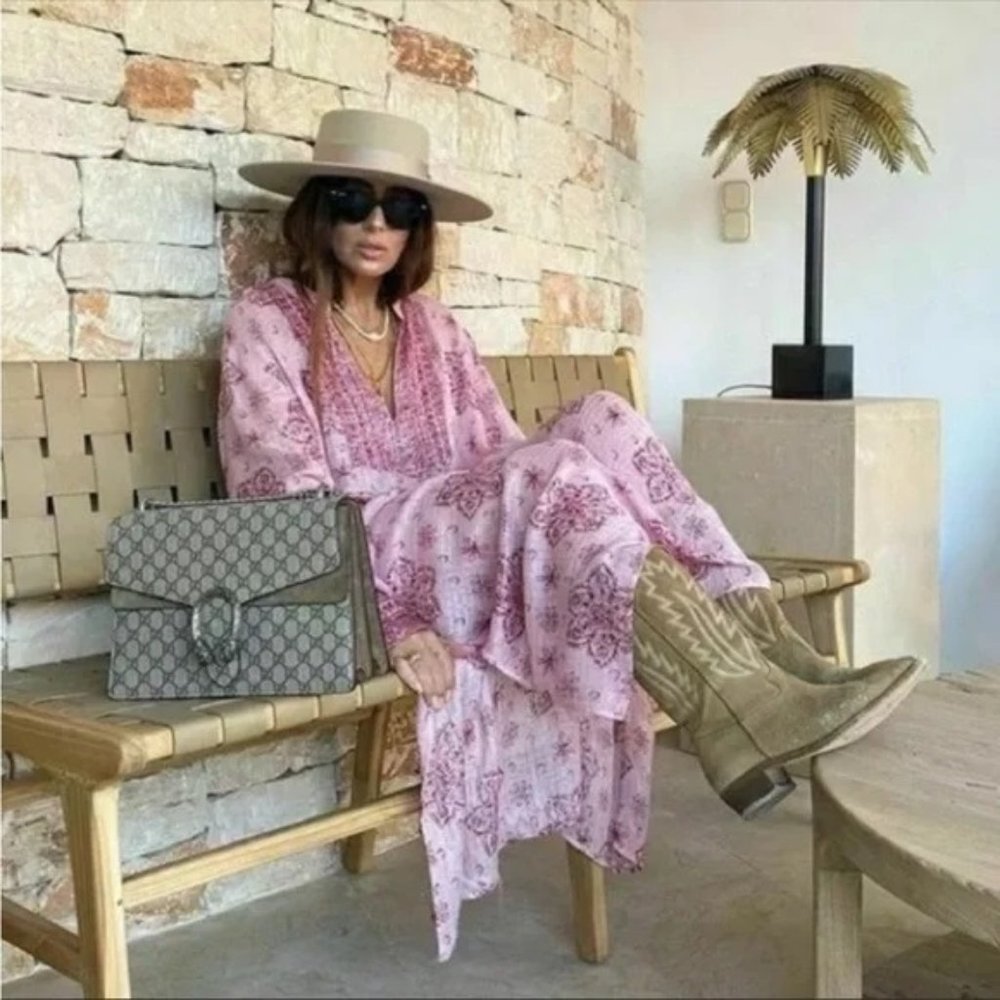 Zara Pink & Silver Metallic Tunic Coastal Motif Print Midi Dress - Small